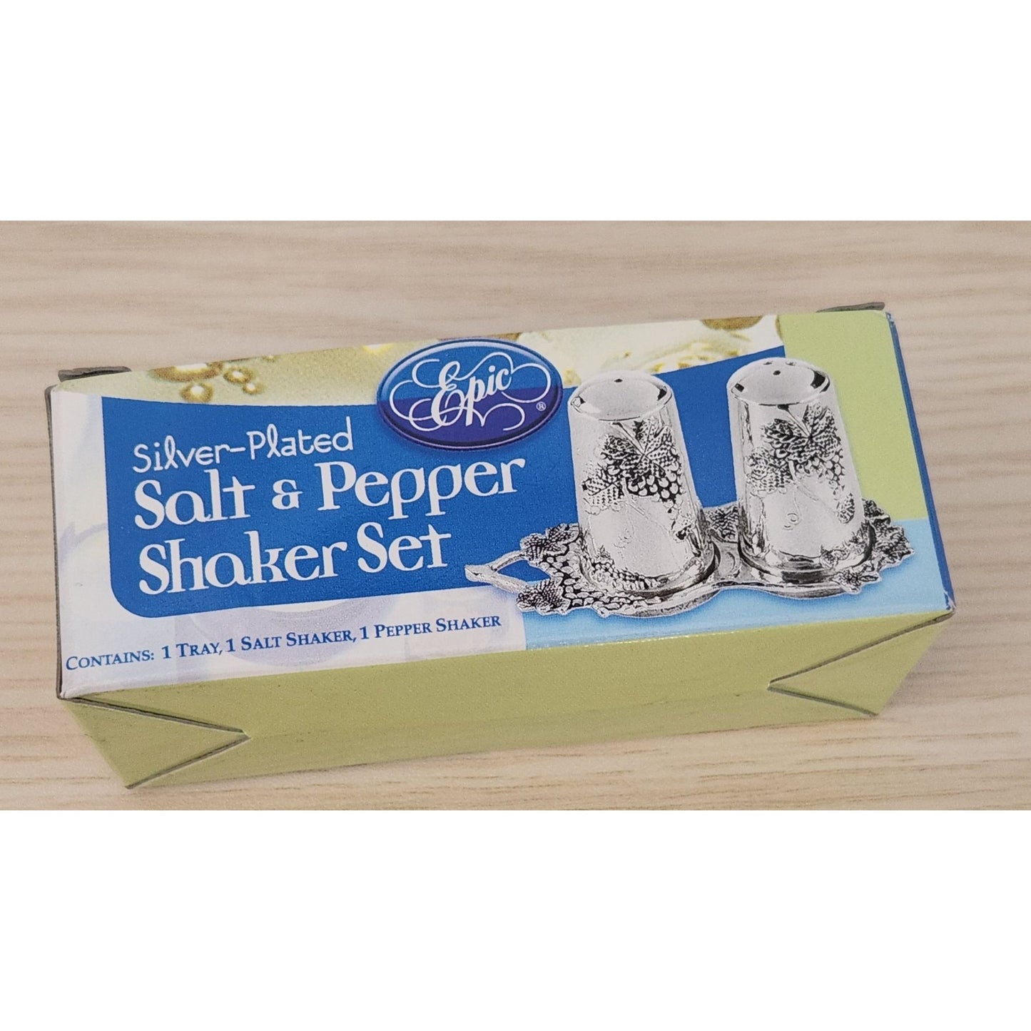 Silver 2 ' Tall Salt & Pepper Shaker 1" wide Bottom Grape Design Silver Tray New