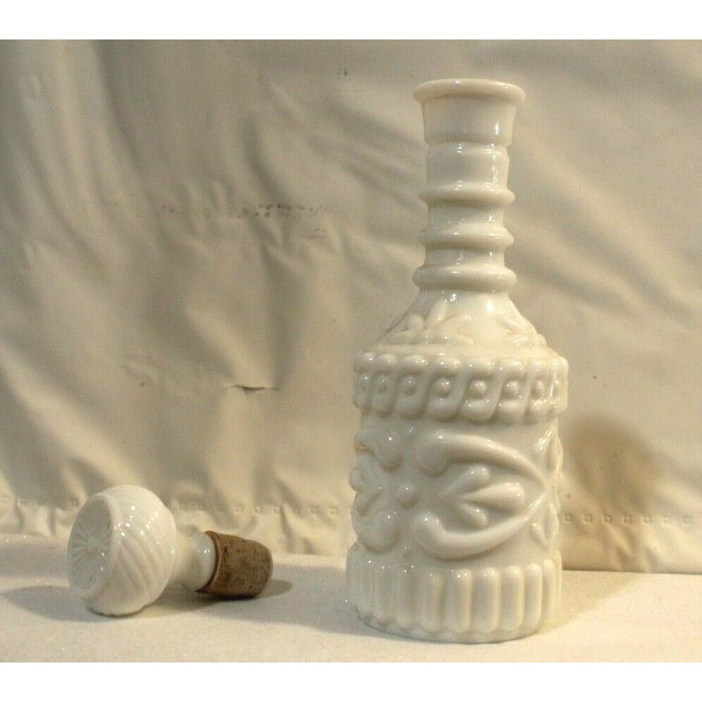 White Milk Glass Liquor Bottle with Cork Stopper 12" Tall KY DR8 230 119 3 09