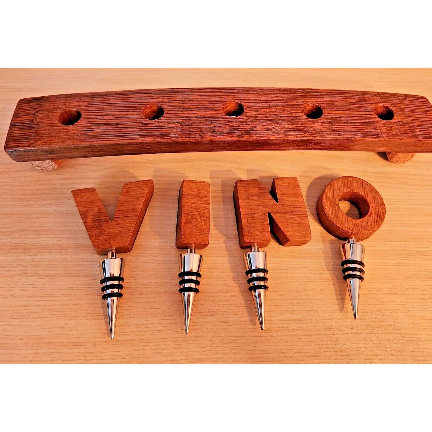 Wine Barrel Stopper Holder 5 Hole Display VINO Cork Feet 16 " x 2 1/2" x 2 1/2"