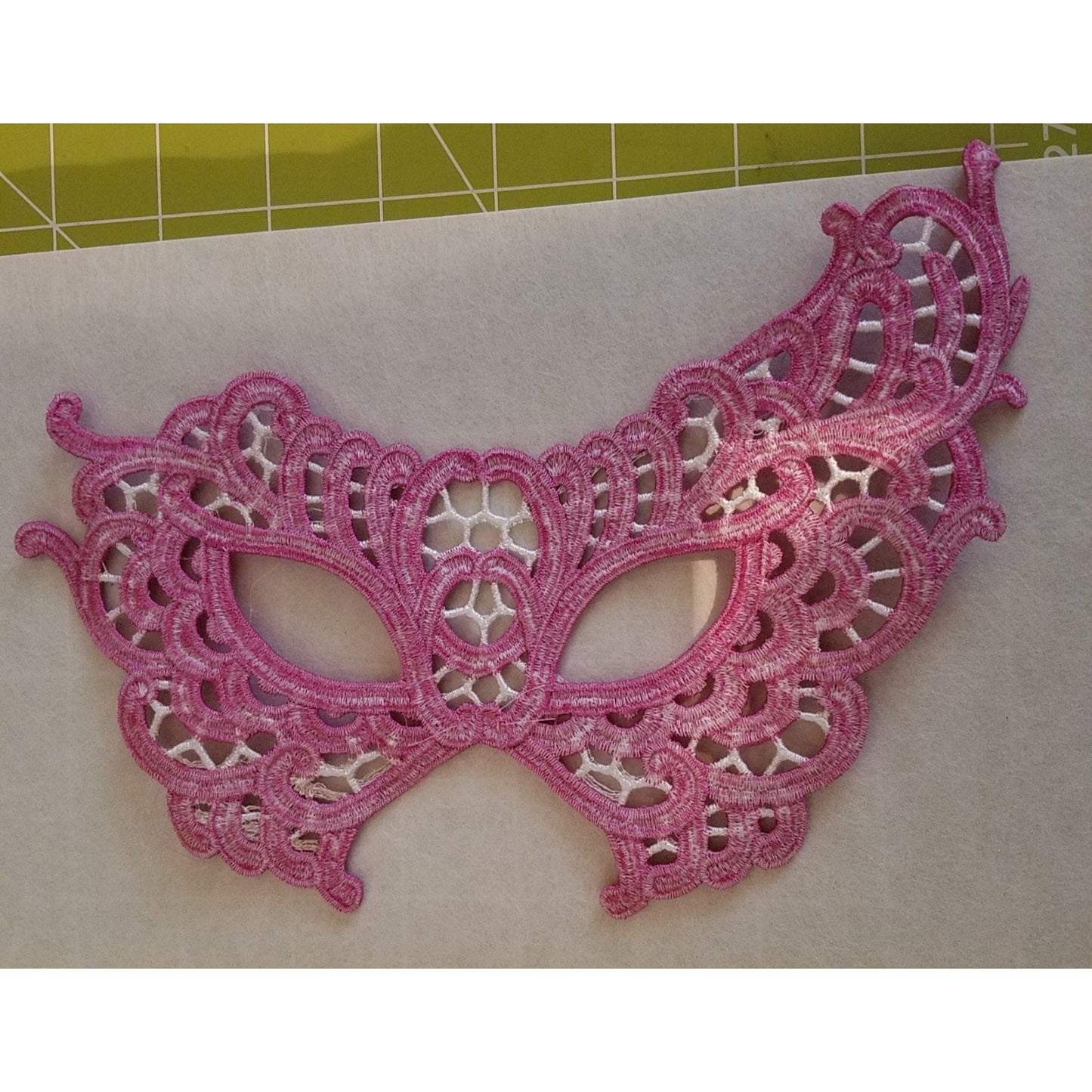Embroidered Mardi Gras Mask 9 x 5 Pink White Decorate Add a stick Ribbons Jewels glitter Rinse in Water to make softer before you decorate