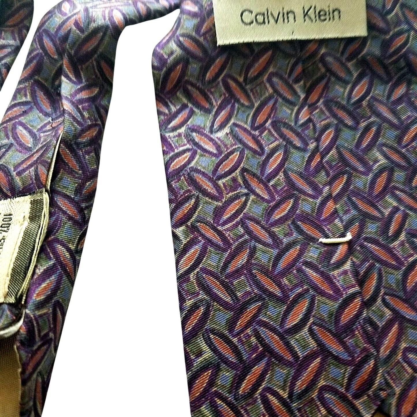 Tie Men's 100 % Silk Neck Calvin Klein Dark Green Brown Oval shapes 60" x 3 3/4"