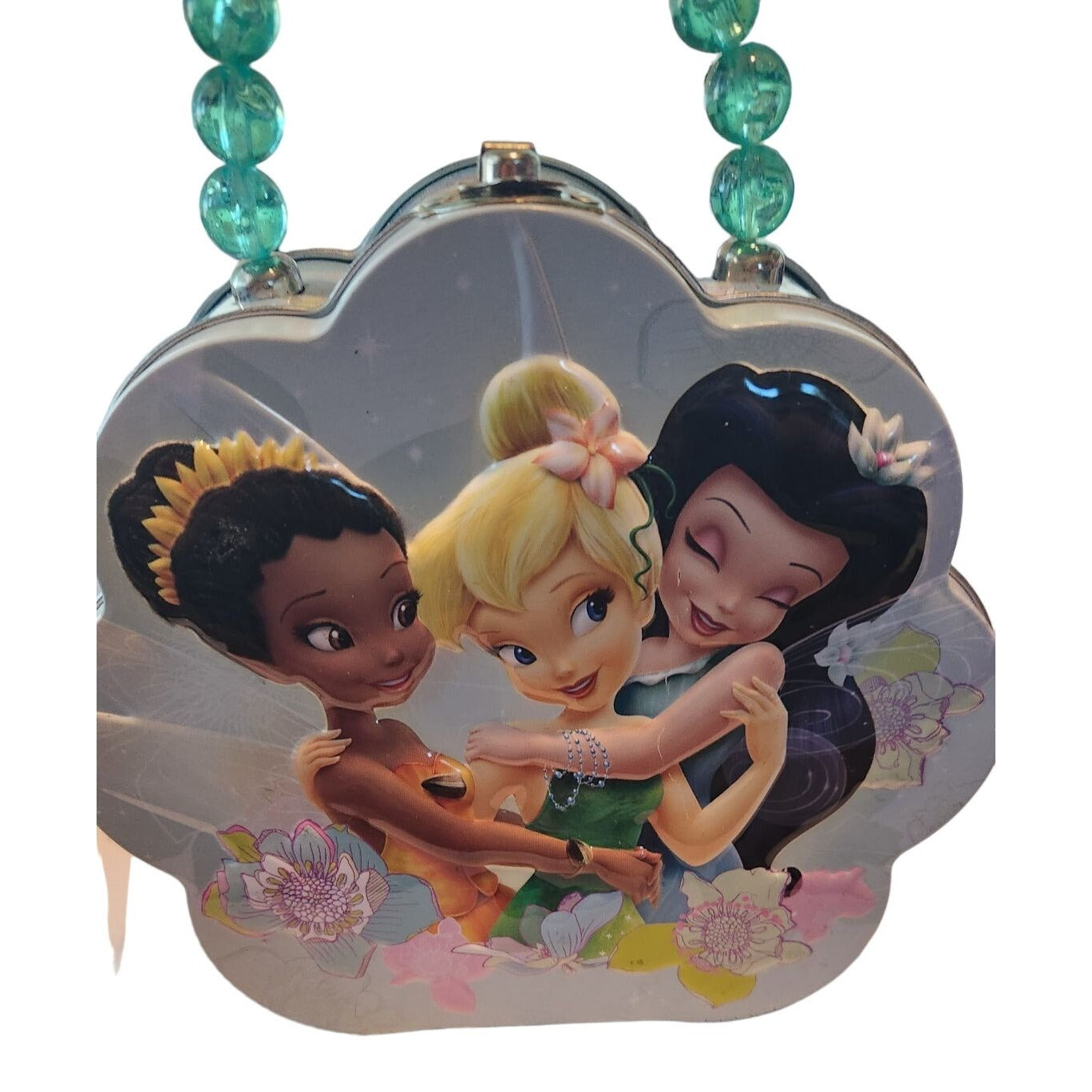 Disney Mini Tin Box Co Tinkerbell and Friends 6 x 6 1/2 x 3 Beaded Handle Clean inside