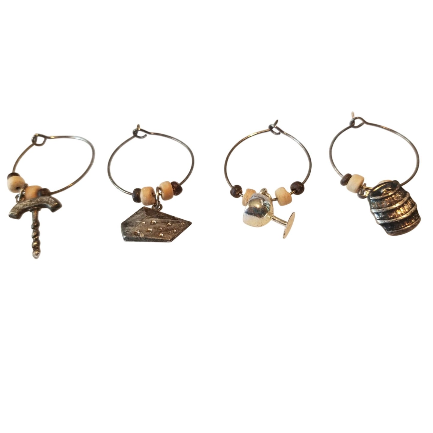 Wine Charms 1" Charm Beads Silver Hoops Set of 4 Corkscrew Wine Glass Cheese Barrel