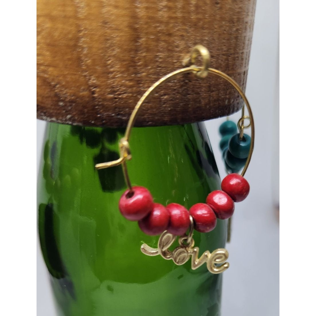 Rustic Wooden Wine Glass Charms Set Of 4 With Beaded Rings & Inspirational Tags