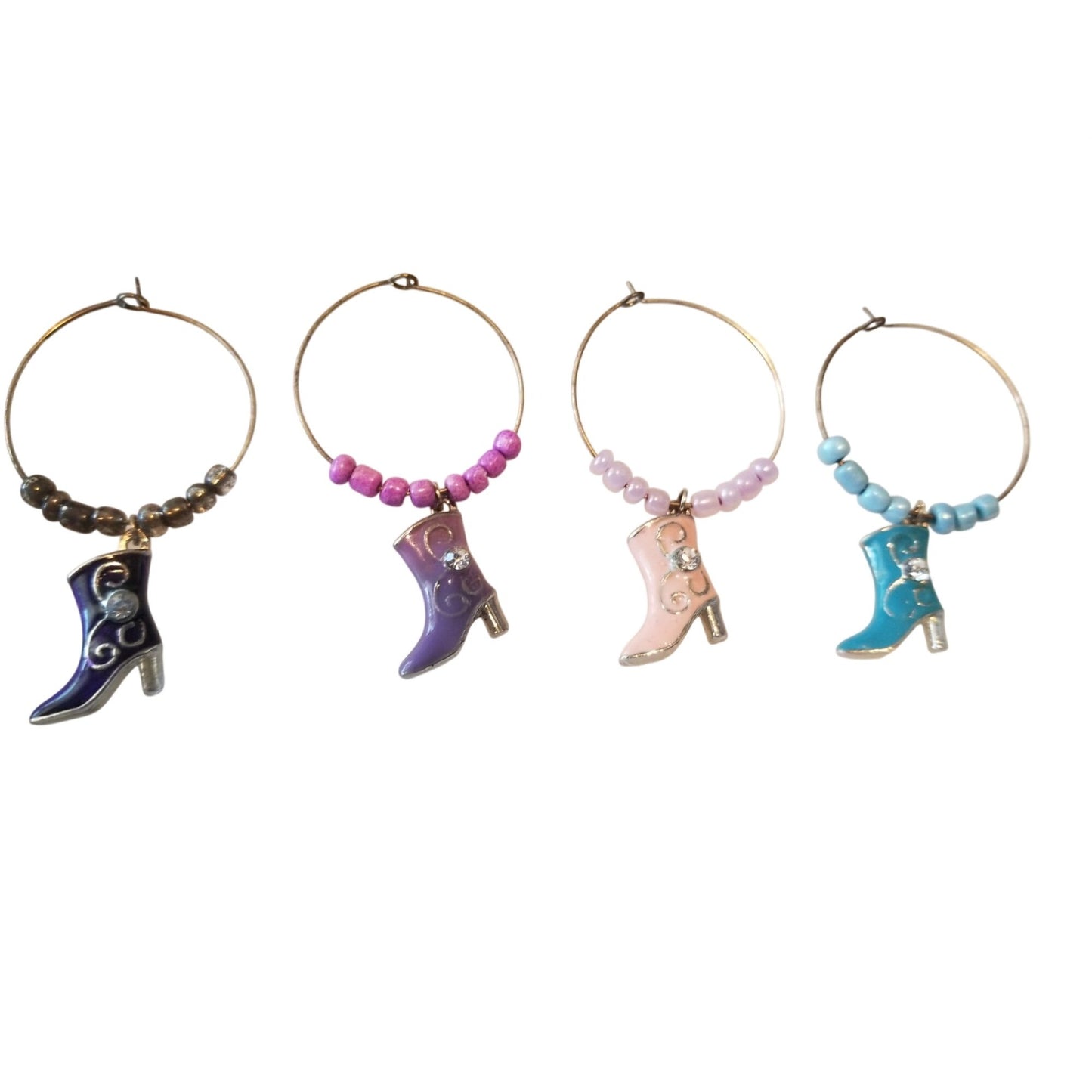 Wine Charms 1" Charm Beads Silver Hoops Set of 4 Boots Black Purple Pink Blue