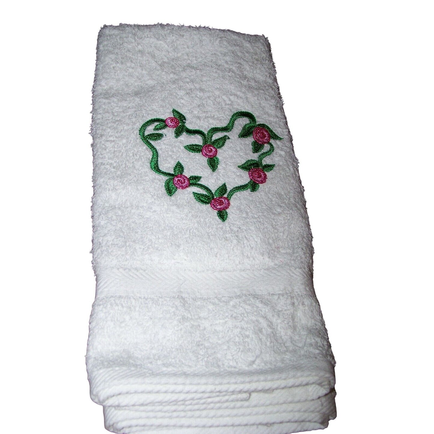 Kitchen Towel Embroidered 100% Set 1 Cotton Terry Green Heart Pink & Red Flowers 15 x 21
