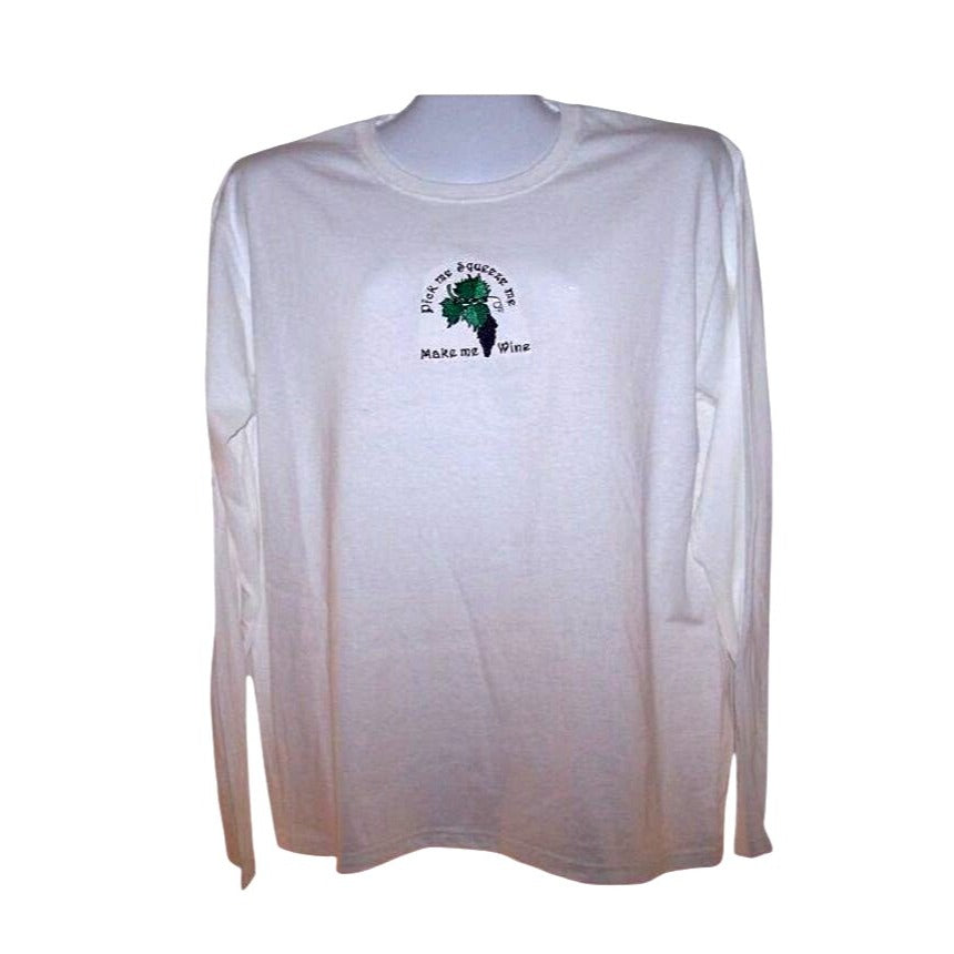 T-Shirt Long Sleeve White Size XLarge Cotton Pick Me Squeeze Me Make Me Wine