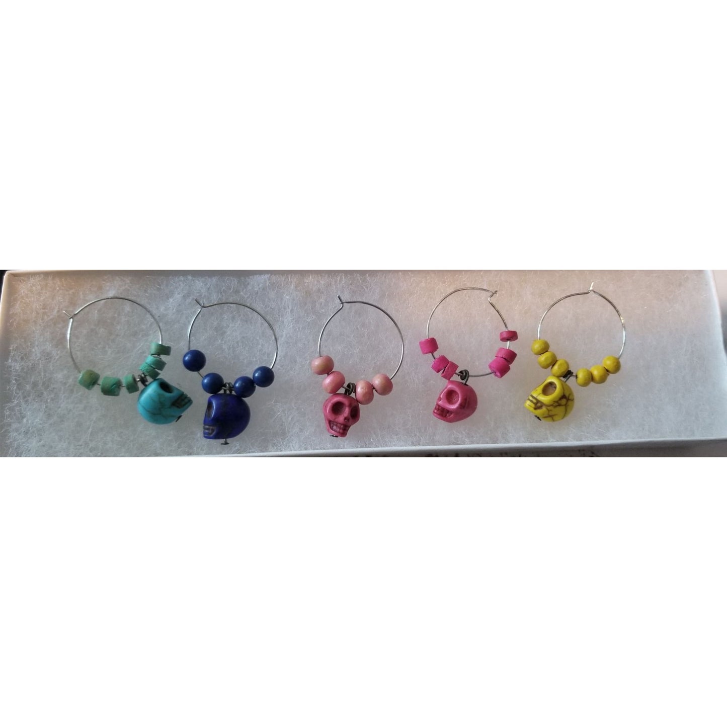 Wine Charms 1" Skulls Beads Silver Hoops Set of 5 Yellow, Blue, Purple, Pink, Red