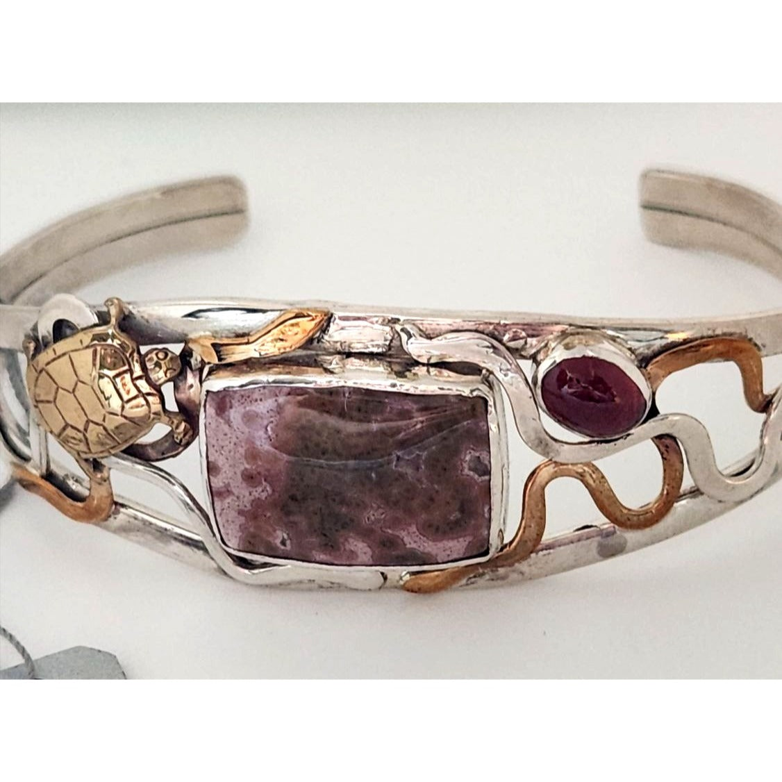 Jewelry Bracelet Purple Ocean Jasper Garnet Gold Turtle on Silver & Gold Band