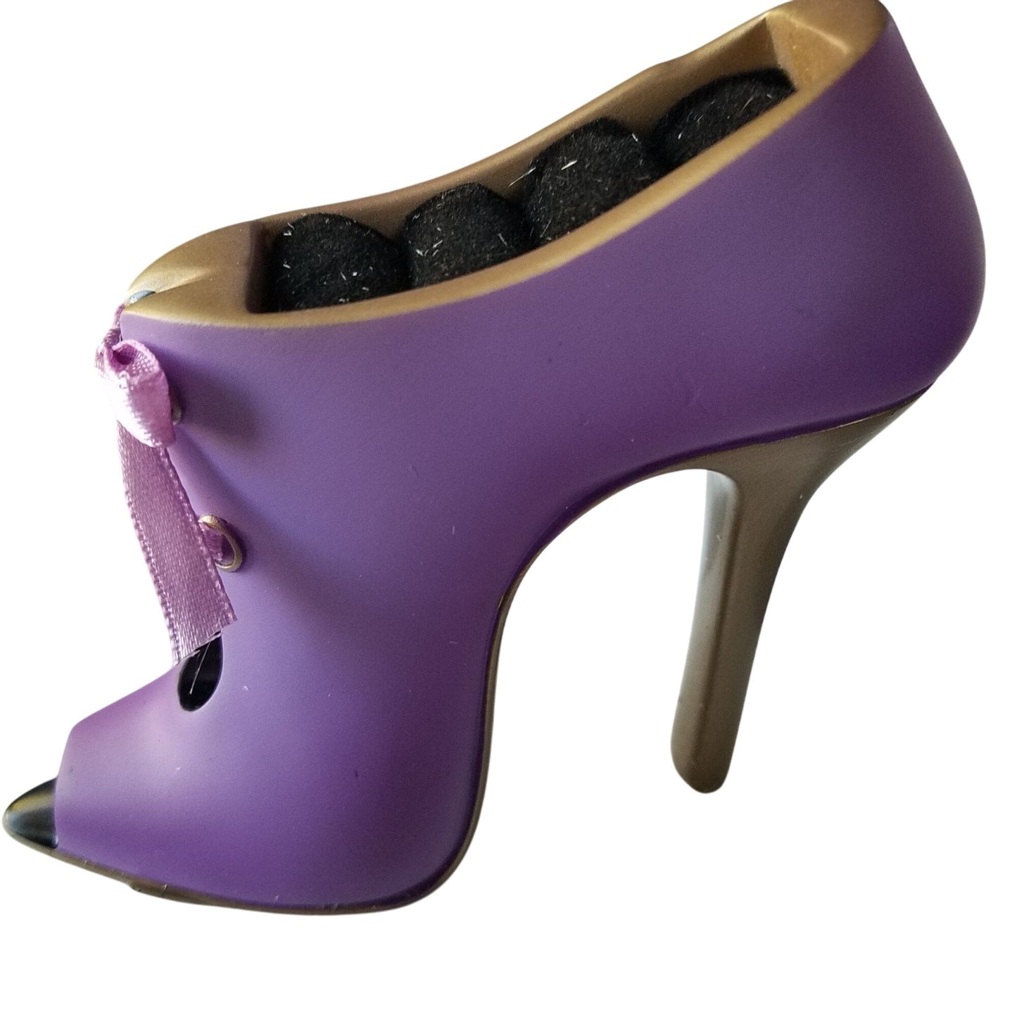 Purple High Heel Ring Holder With Bow & Gold Accents