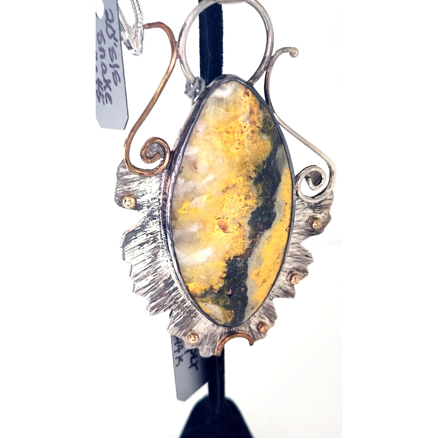 Jewelry Pendant Bumble Bee Jasper Pendant 26.5 Grams Frame 925 Silver 14K Gold Accents 85mm x 45mm Pendant Stone 25mm x 55mm
