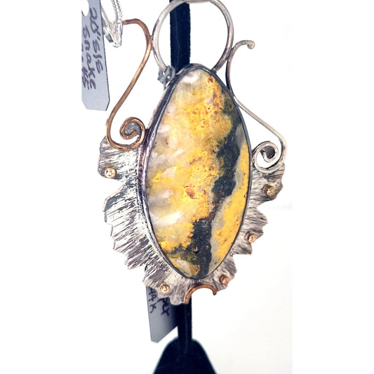 Jewelry Pendant Bumble Bee Jasper Pendant  26.5 Grams Frame 925 Silver 14K Gold Accents 85mm x 45mm Pendant Stone 25mm x 55mm