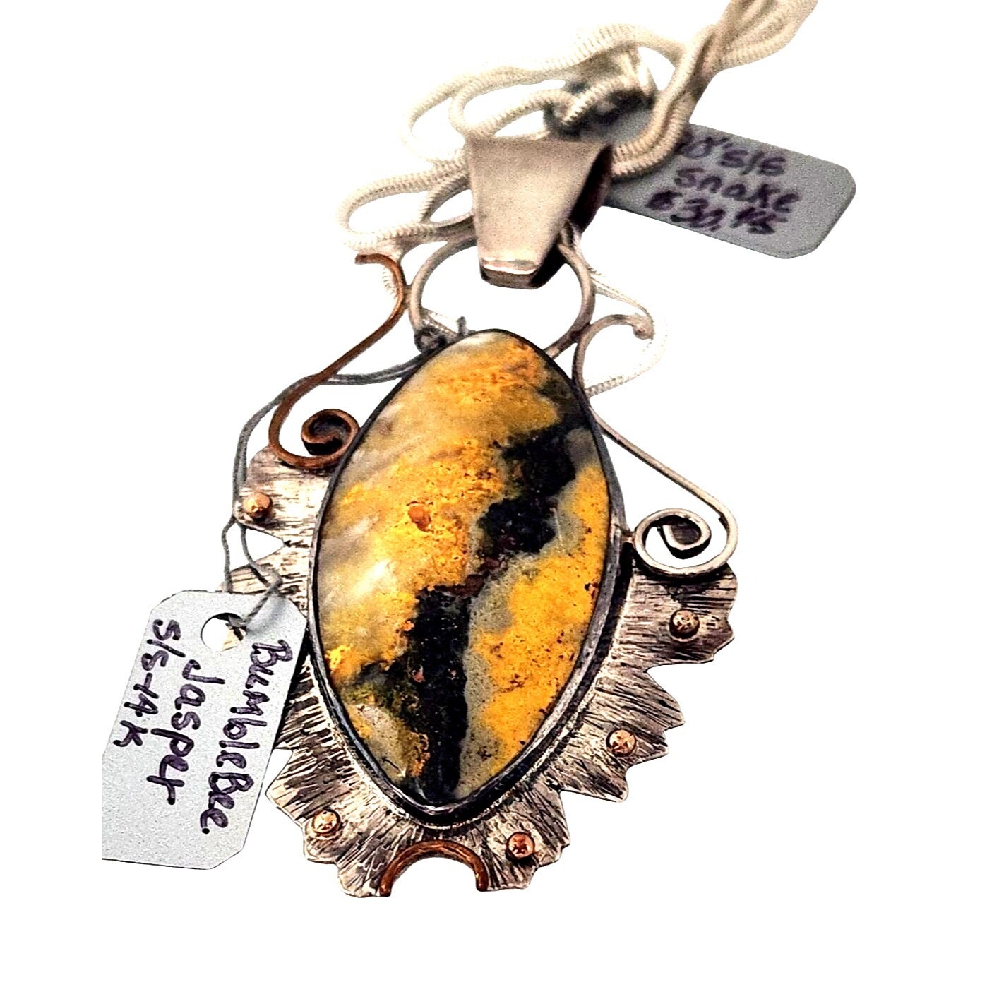 Jewelry Pendant Bumble Bee Jasper Pendant 26.5 Grams Frame 925 Silver 14K Gold Accents 85mm x 45mm Pendant Stone 25mm x 55mm