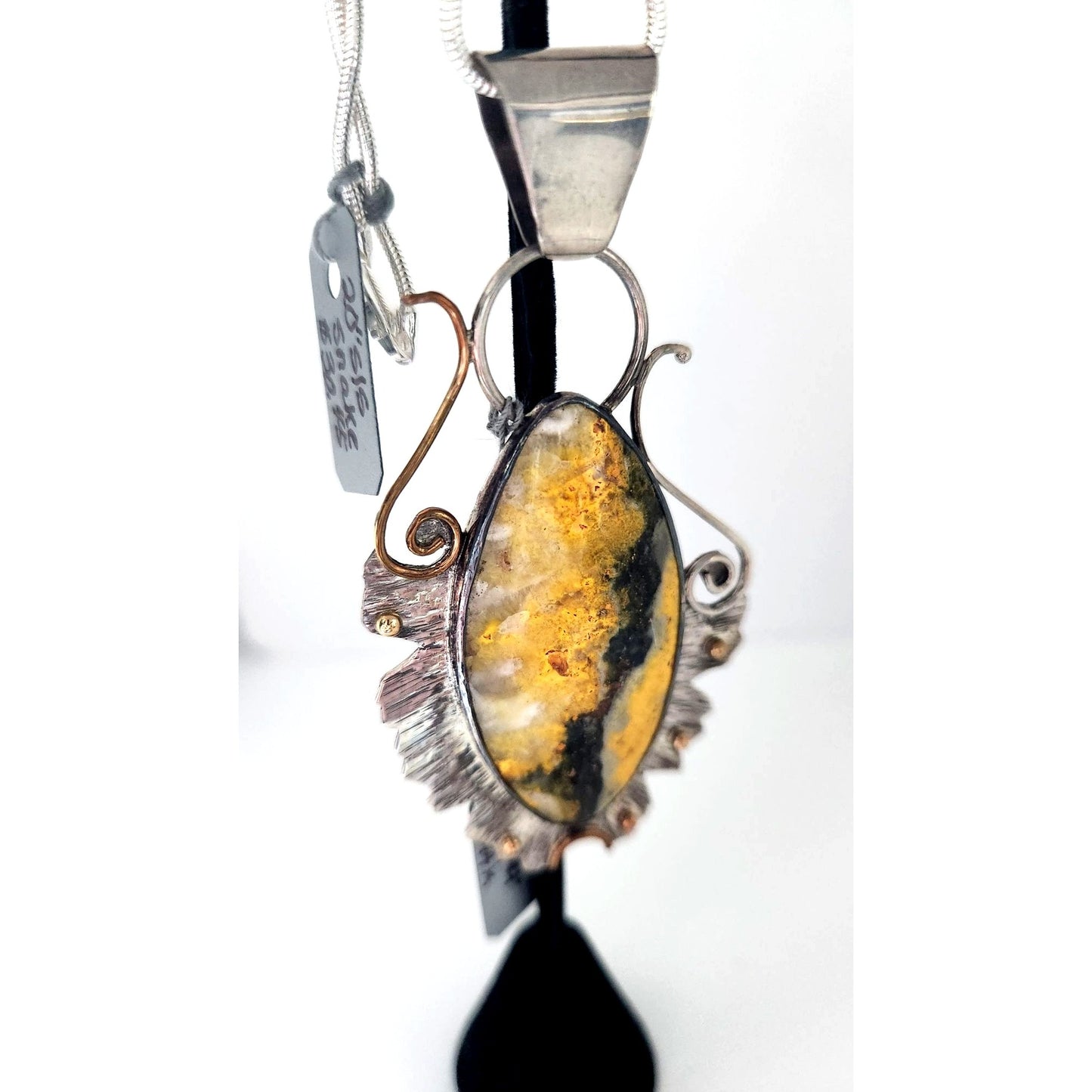 Jewelry Pendant Bumble Bee Jasper Pendant 26.5 Grams Frame 925 Silver 14K Gold Accents 85mm x 45mm Pendant Stone 25mm x 55mm