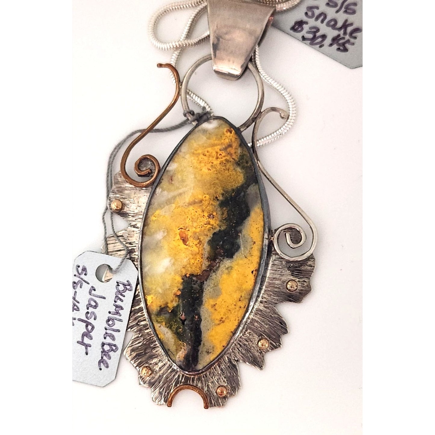Jewelry Pendant Bumble Bee Jasper Pendant 26.5 Grams Frame 925 Silver 14K Gold Accents 85mm x 45mm Pendant Stone 25mm x 55mm