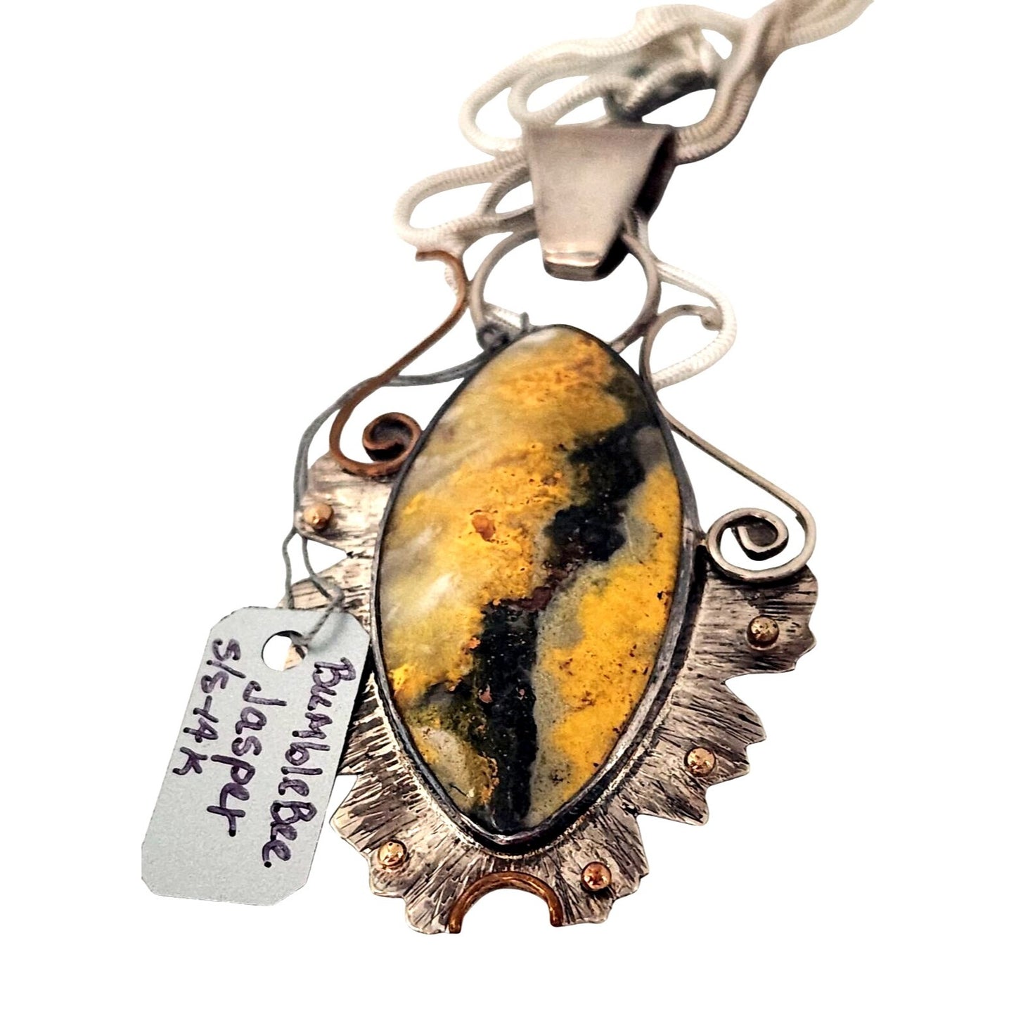 Jewelry Pendant Bumble Bee Jasper Pendant 26.5 Grams Frame 925 Silver 14K Gold Accents 85mm x 45mm Pendant Stone 25mm x 55mm