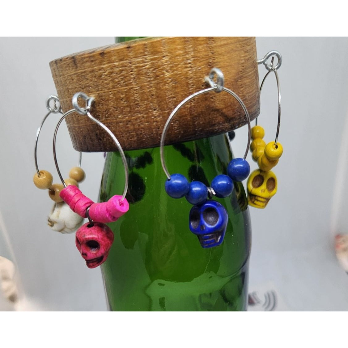 Skull Colorful Wine Glass Charms Set - 6 Themed Unique Charms With Beads & Wood Holder