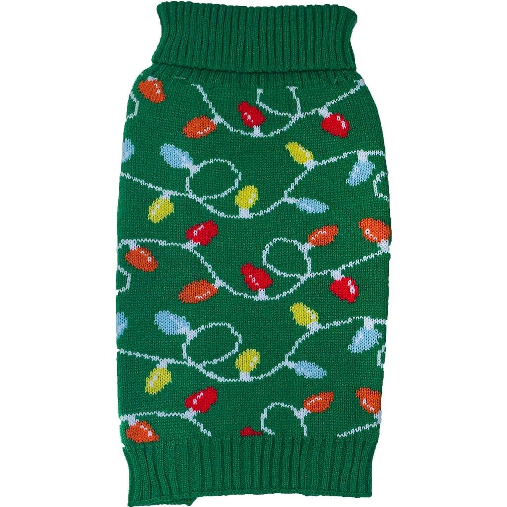 Dog Sweater Size Small Woof Holiday Green with Red Blue Orange yellow Lights Pet