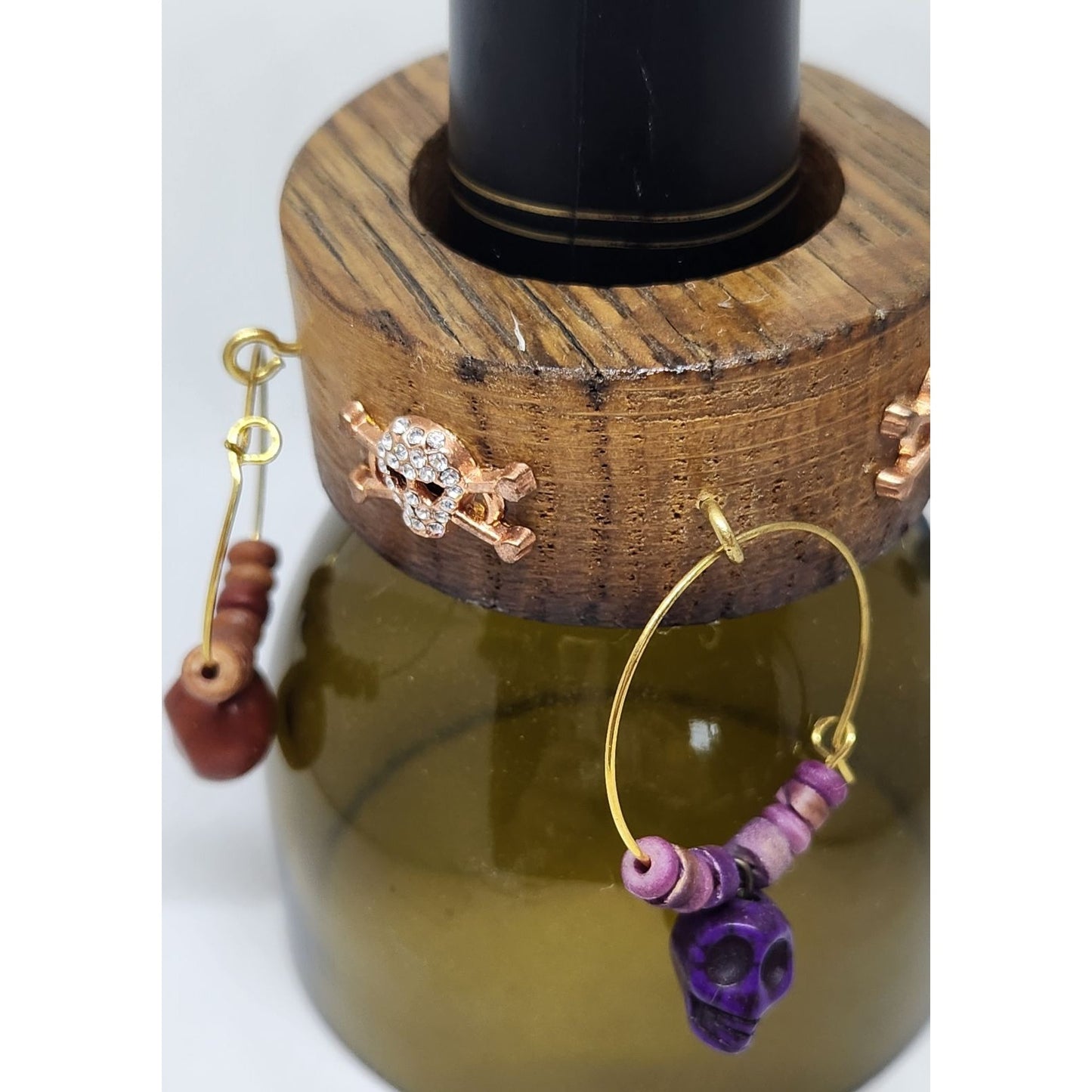 Colorful Skull-Themed Wine Glass Charms Set - 4 Unique Charms With Beads & Wood Holder