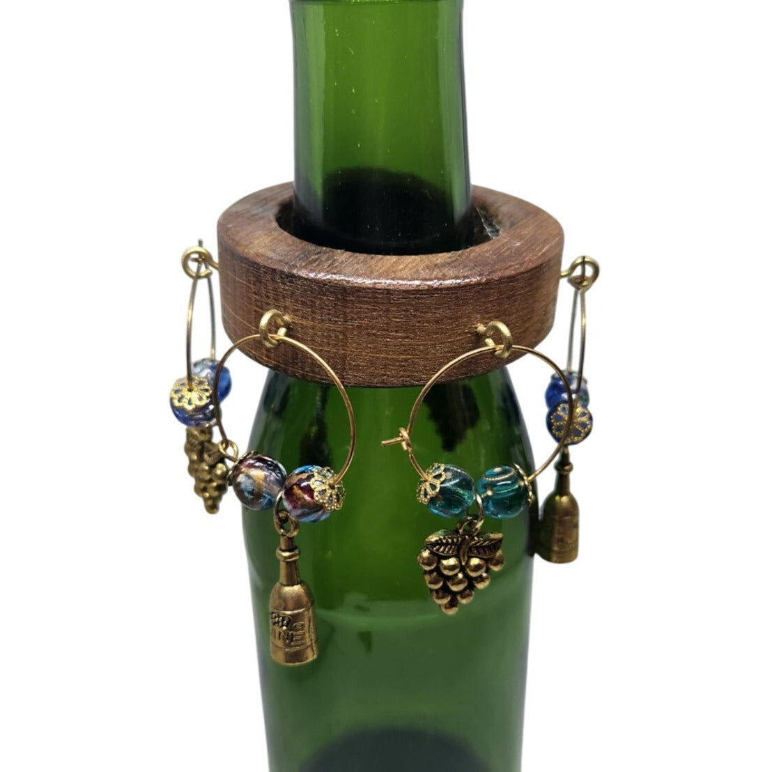 Wooden Wine Bottle Charm Set 6 Gold Color Metal Charm Glass Bead on Wine Stave
