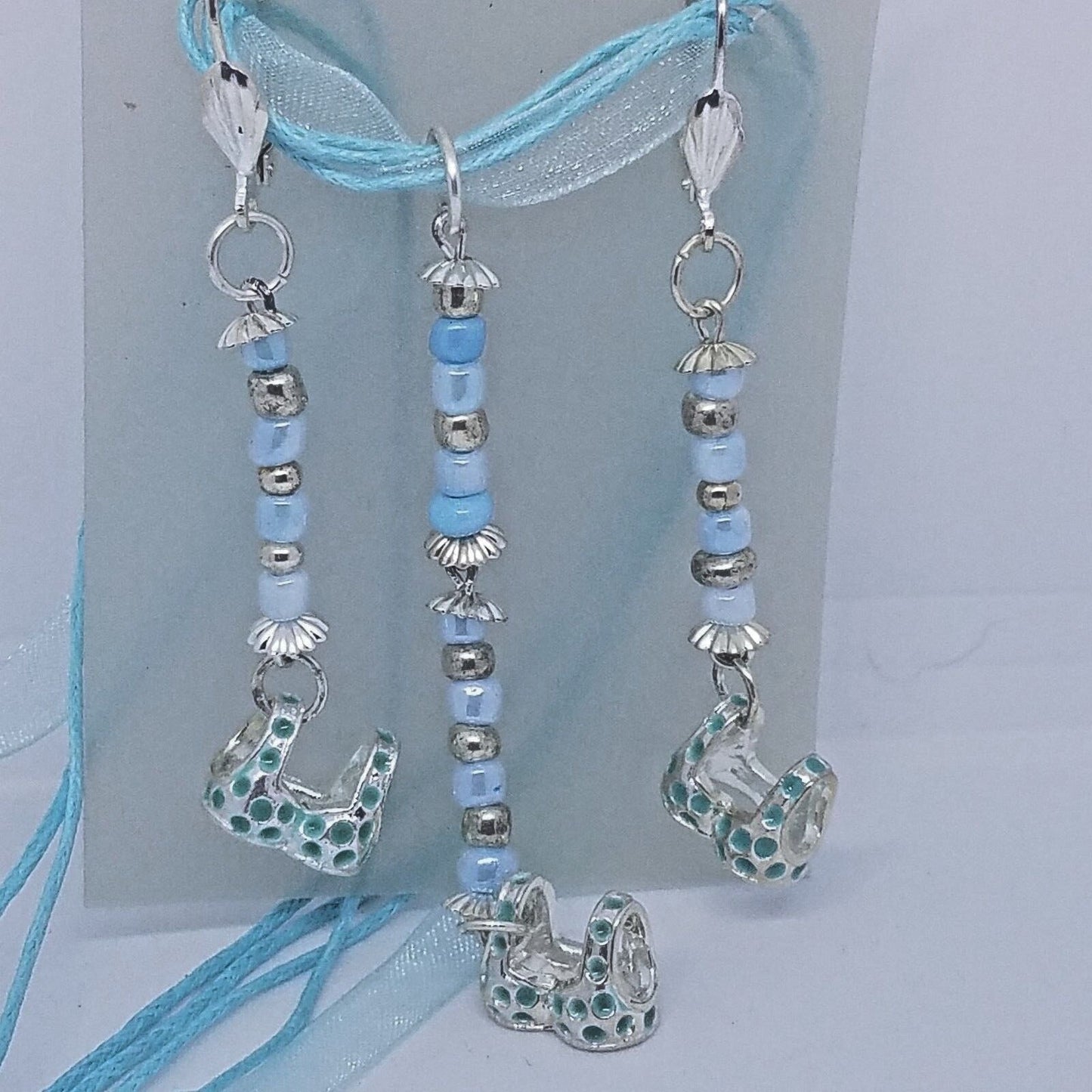 Necklace Earring Blue Bra Top 1/2 " Charm Silver Blue Bead Blue Ribbon Cord