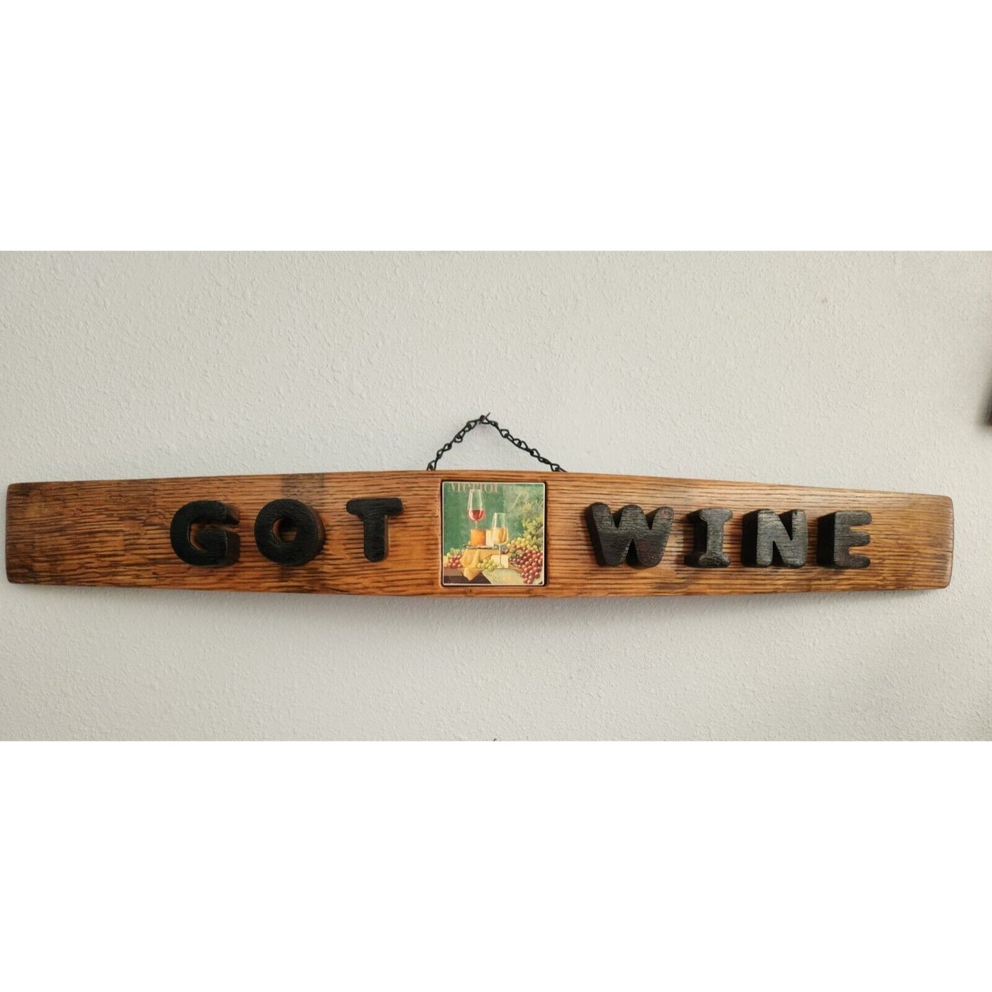 Wood Sign Wine Stave says "Got Wine " with Tile in Middle, Letters Cut from Stave