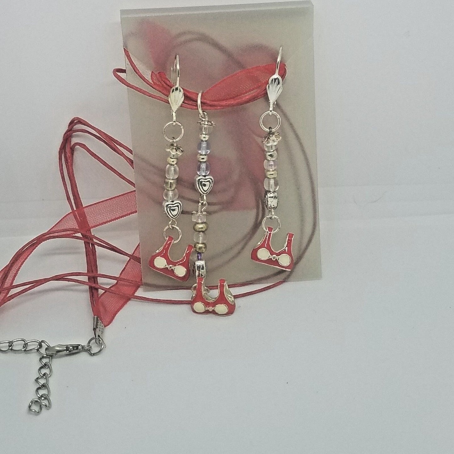 Necklace Earrings Bikini Bra Top 1/2 " Charm Clear Silver Beads Red Ribbon Cord