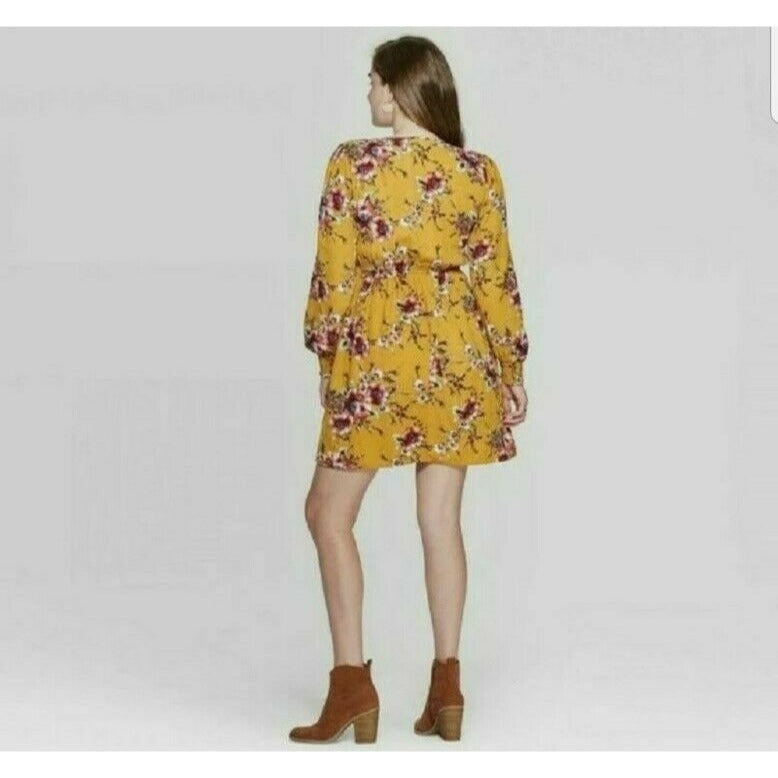 Dress Xhilaration Women's Size L Mustard Floral Print Long Sleeve Square Neck