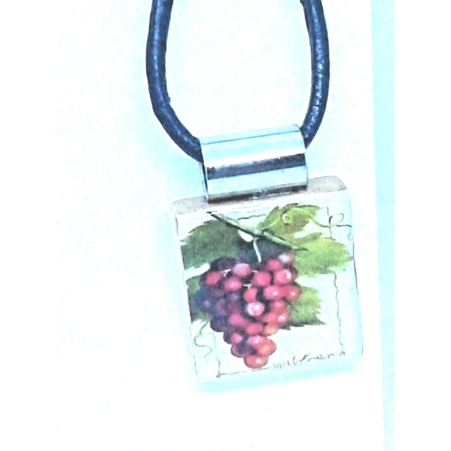 Necklace 1" Red Grape Cluster Wine Printed Scrabble Game Tile Leather Cord