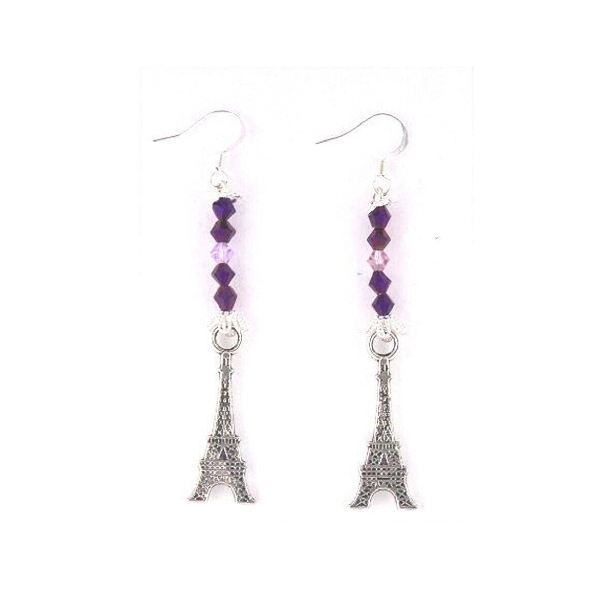 Earrings Eiffel Tower Charms Purple Pink Beads Sterling Hooks 2" Long