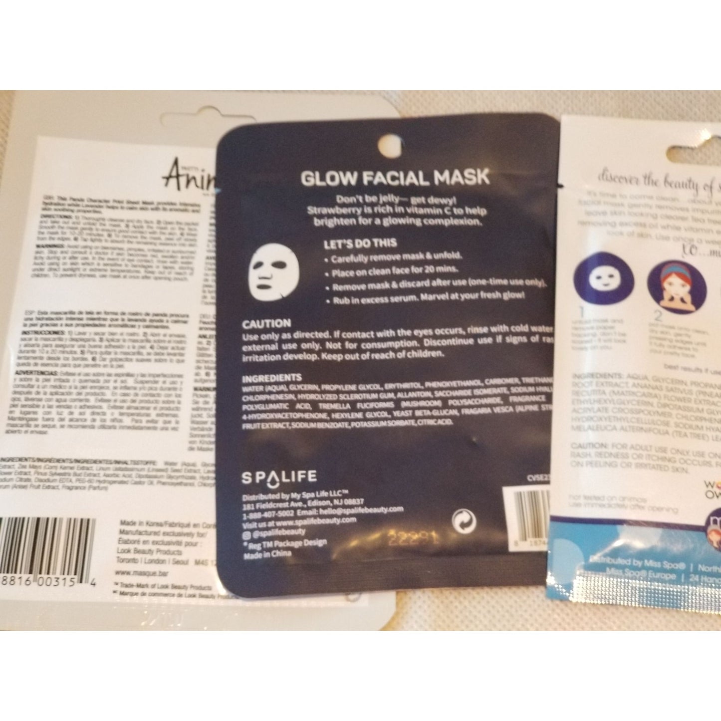 Set of 3 Face Masks 1 Each Miss Spa Deep Clean,  Spa Life Jelly Bean,, MasqueBar Pretty Animalz