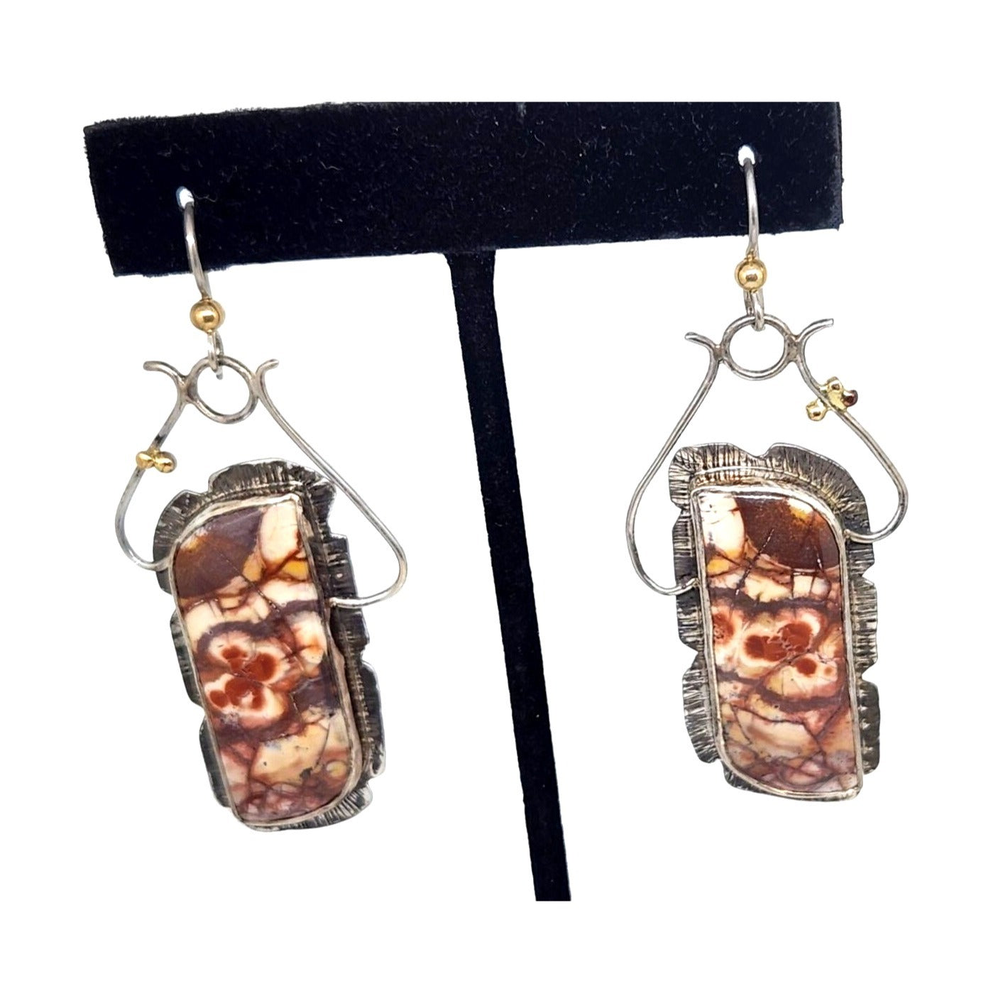 Birdseye Jasper Earrings Gold Accents 20 Gr 925 Silver 14K Gold Silver Hooks