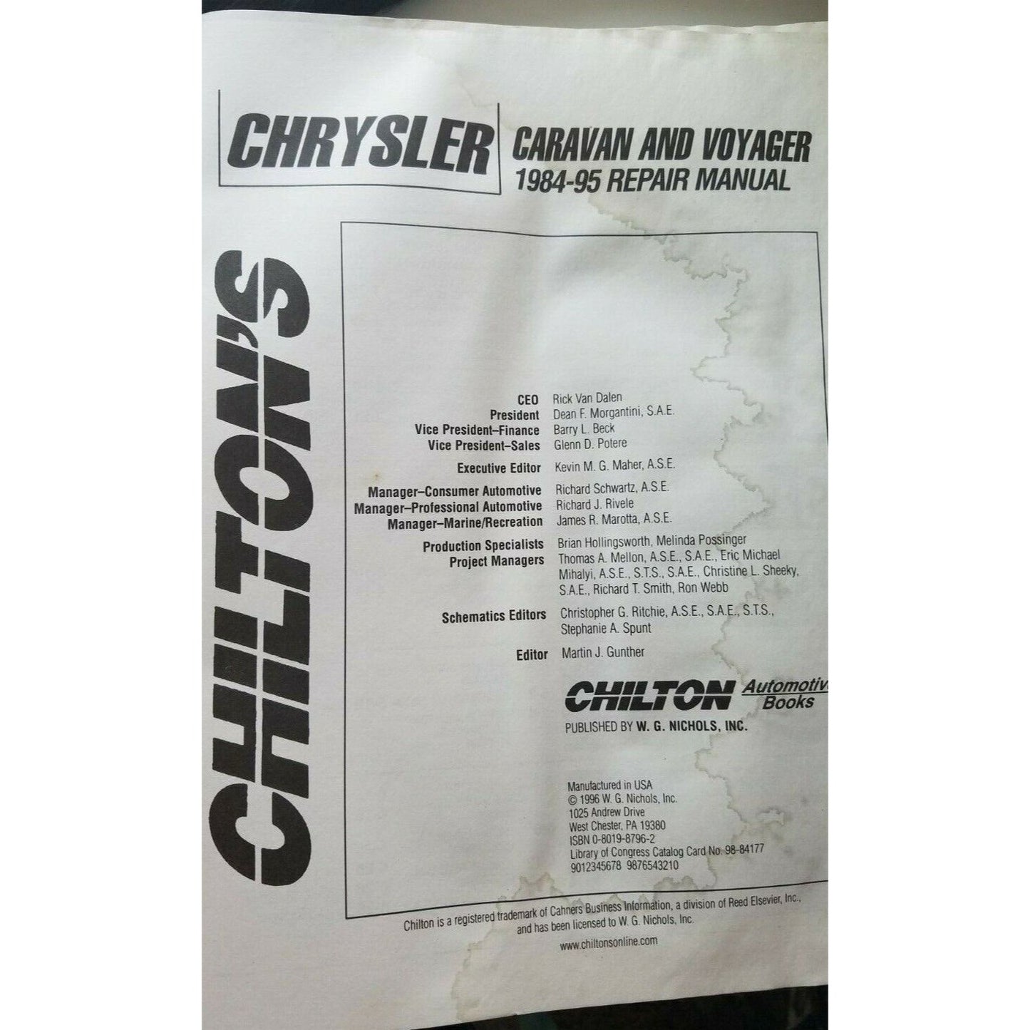 1984 - 95  Chilton's Chrysler Caravan Voyager Town & Country  Repair Manual