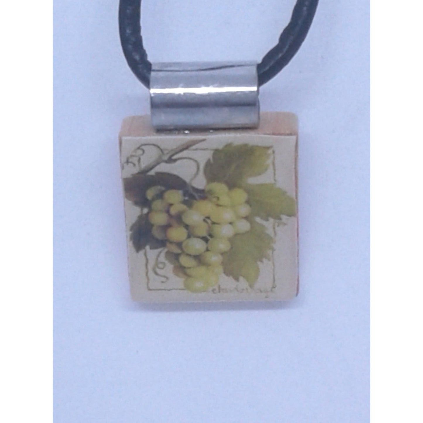 Necklace 1" Green Grape Cluster Wine Printed Scrabble Game Tile Leather Cord