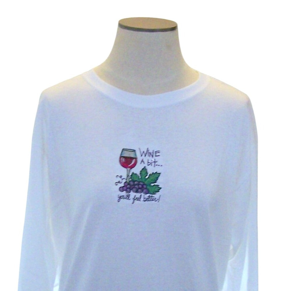 T-Shirt Long Sleeve White  Size Large Cotton Wine A Bit You'll feel better