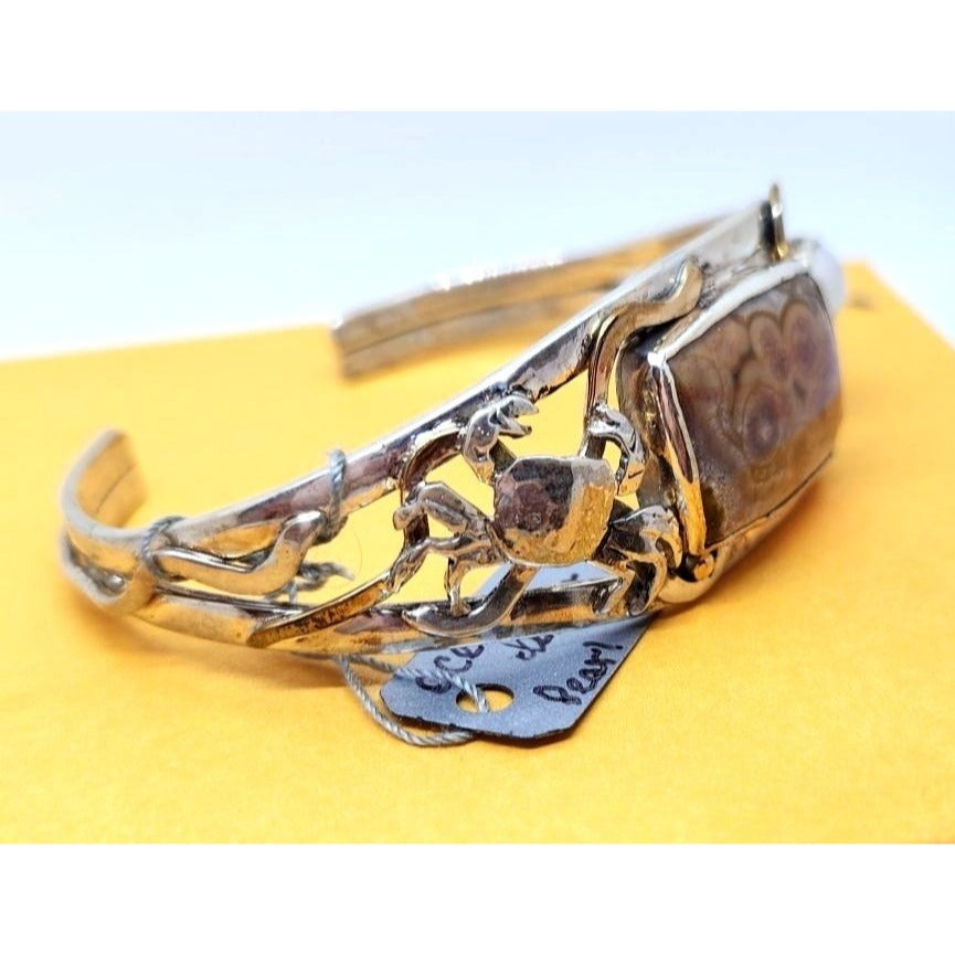 Bracelet Ocean Jasper Pearl Sterling Silver 14K Gold Accents Crab, Sea Shell ,