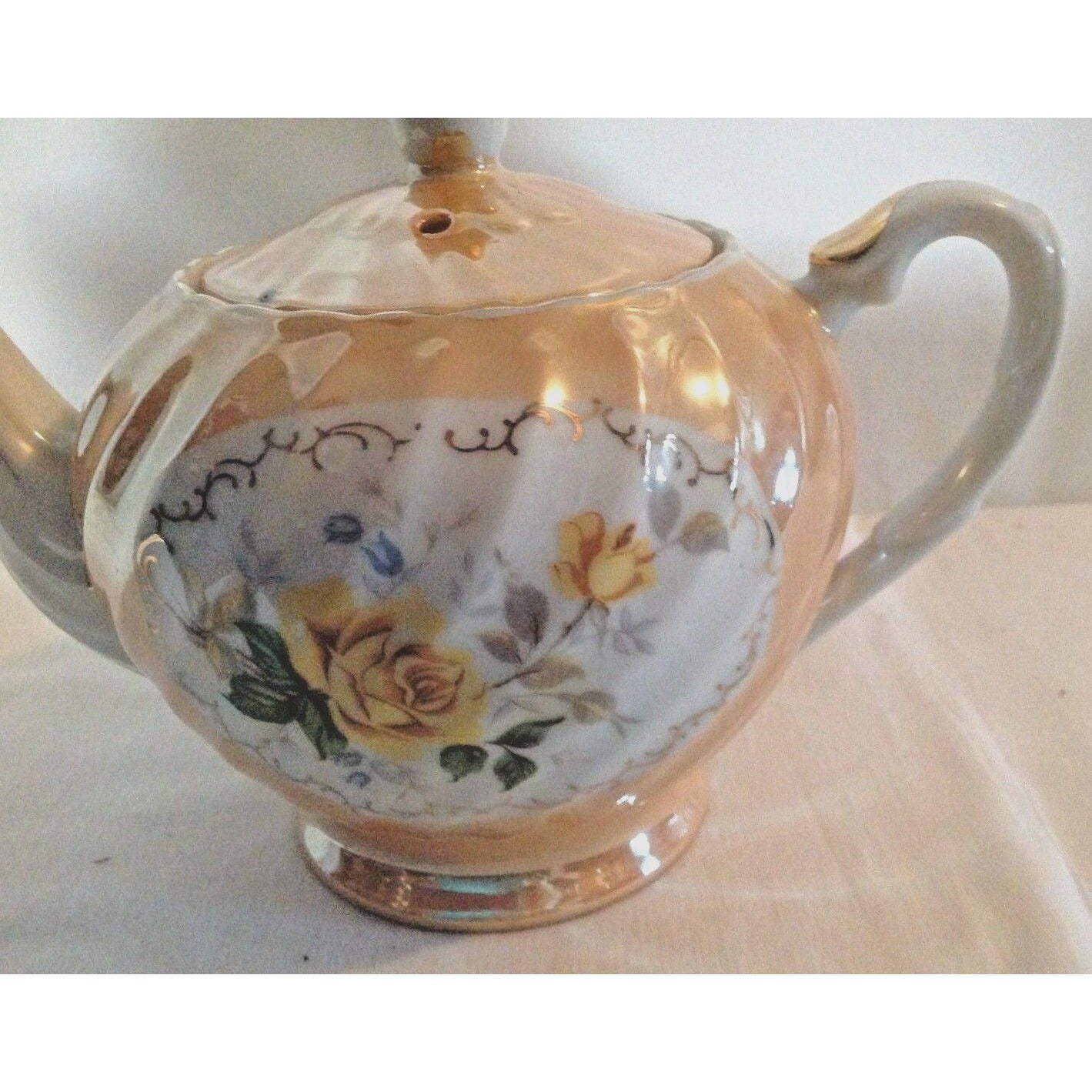 Tea pot Painted Textured Lid made in Japan Yellow Roses 6" Tall top Lid 8" wide