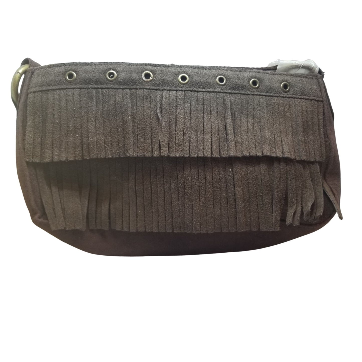 Purse Bag Brown Fringe Chateau Int Zip Top back and inside Pocket  9" x 6" x 3" Strap  17"