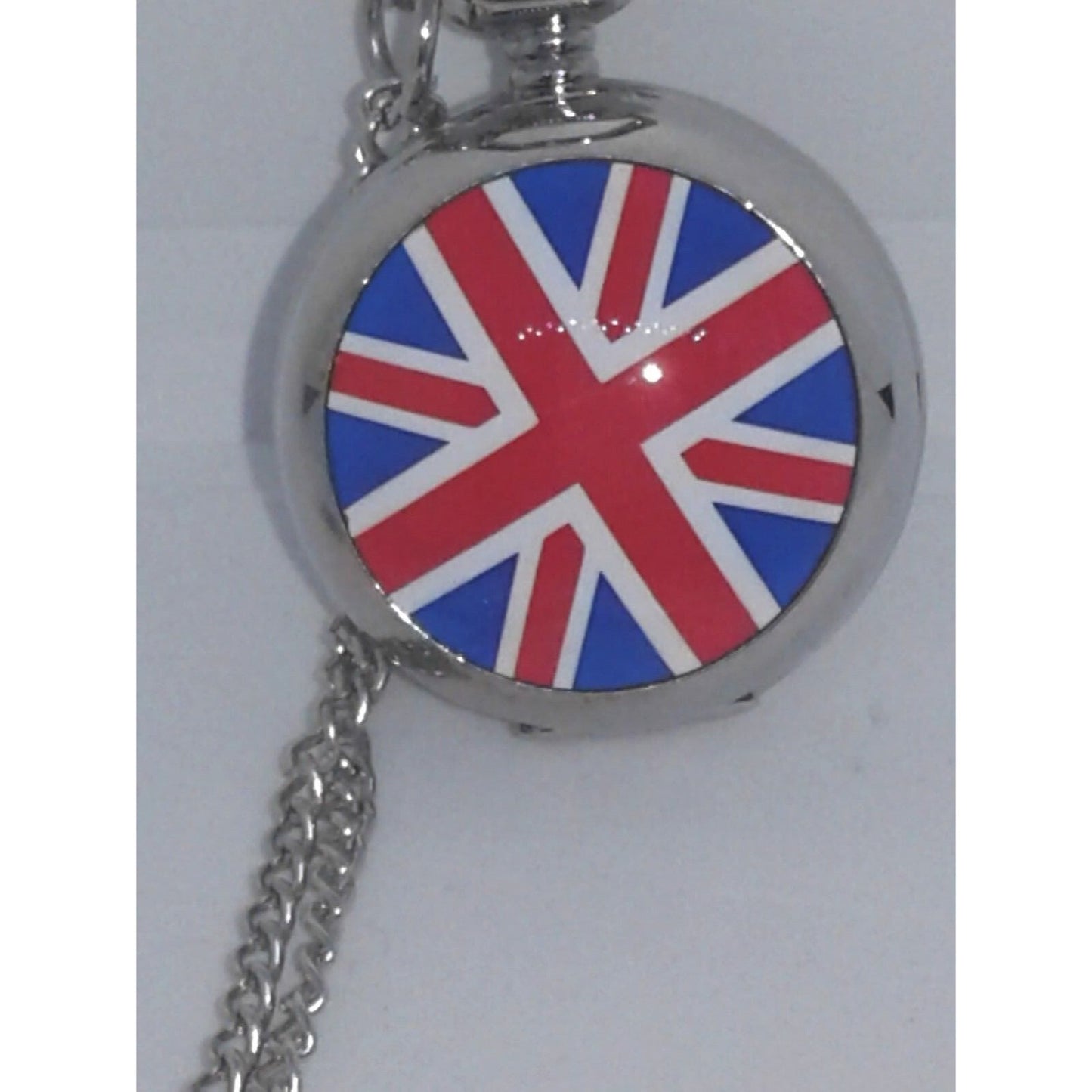 Watch Silver Necklace Locket Pocket Watch Style Mirror British Flag 30" Chain