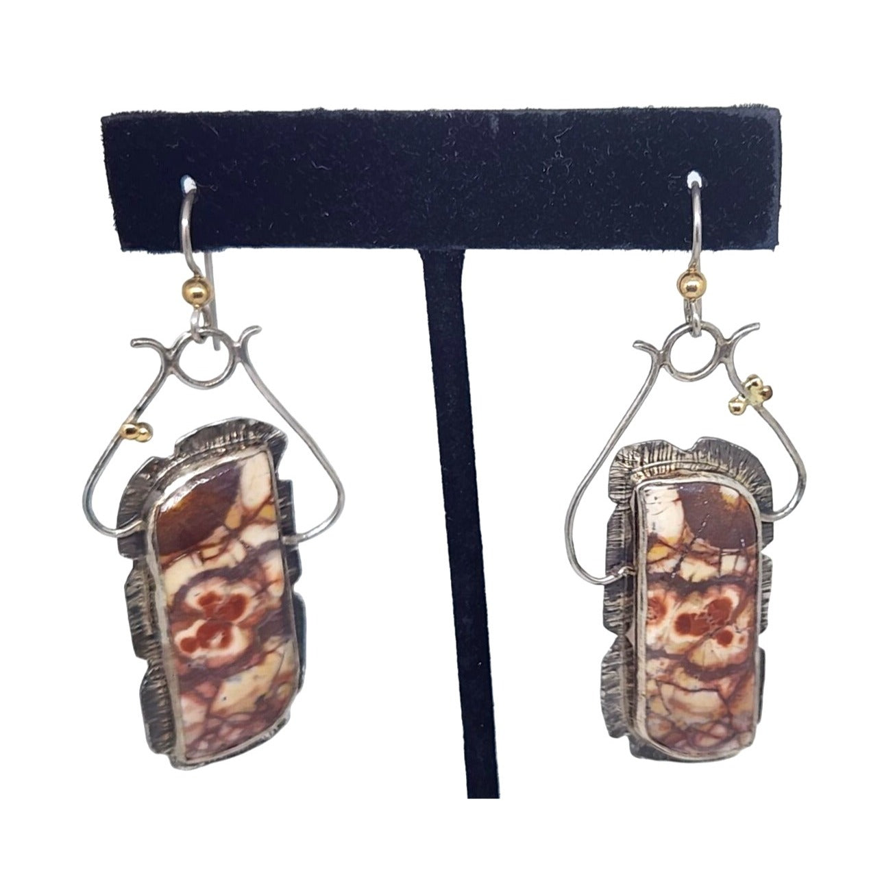 Birdseye Jasper Earrings Gold Accents 20 Gr 925 Silver 14K Gold Silver Hooks