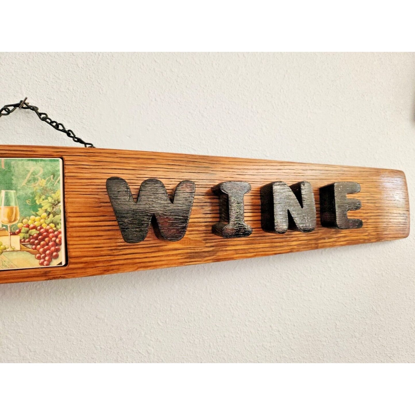 Wood Sign Wine Stave says "Got Wine " with Tile in Middle, Letters Cut from Stave