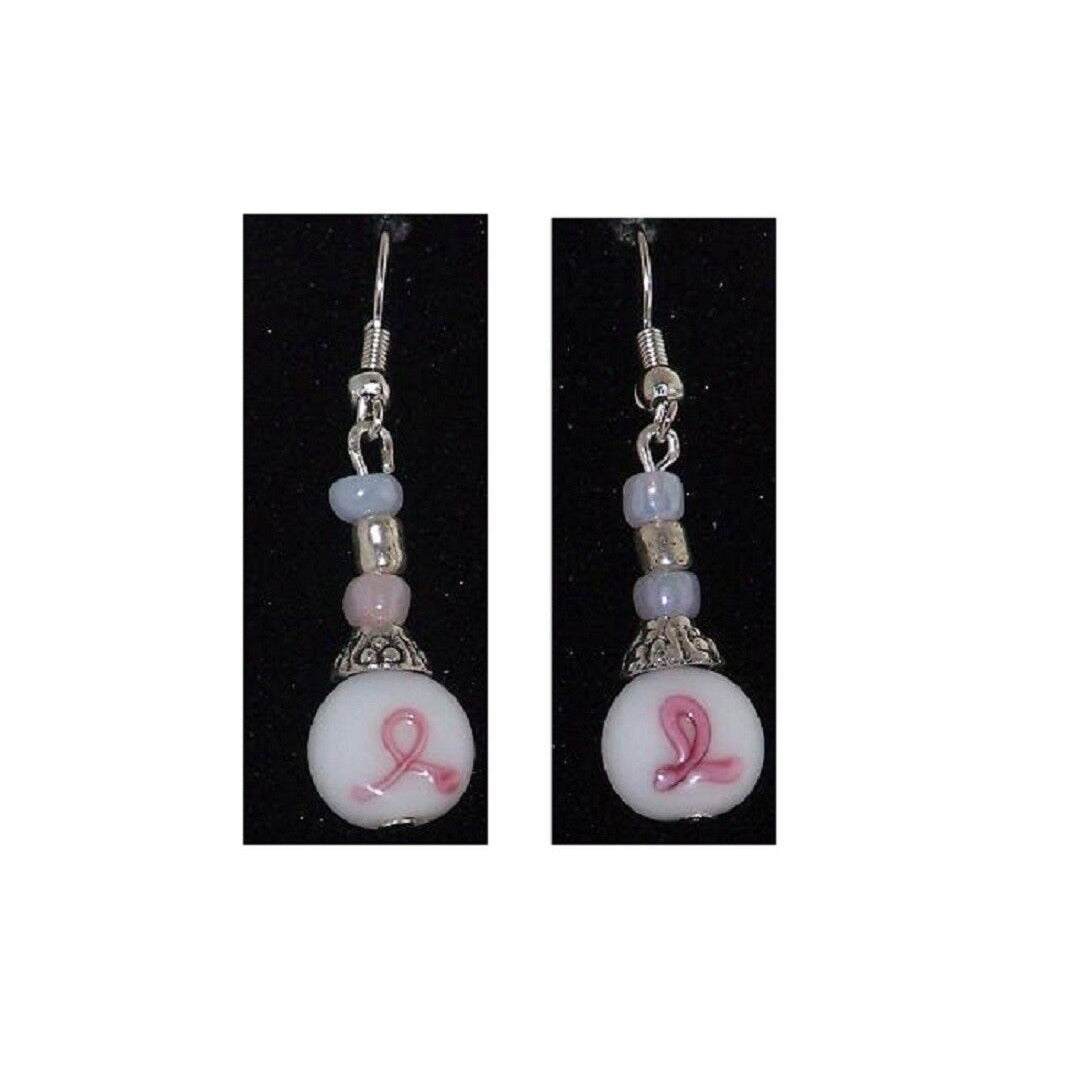 Earrings Pink Ribbon White Beads White Silver Beads Sterling Wire 1 1/2" Long