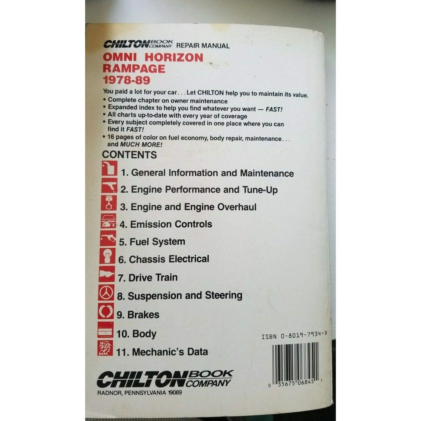 1978 -1989Chilton's Dodge Omni Miser Plymouth Horizon  Repair Manual # 6845