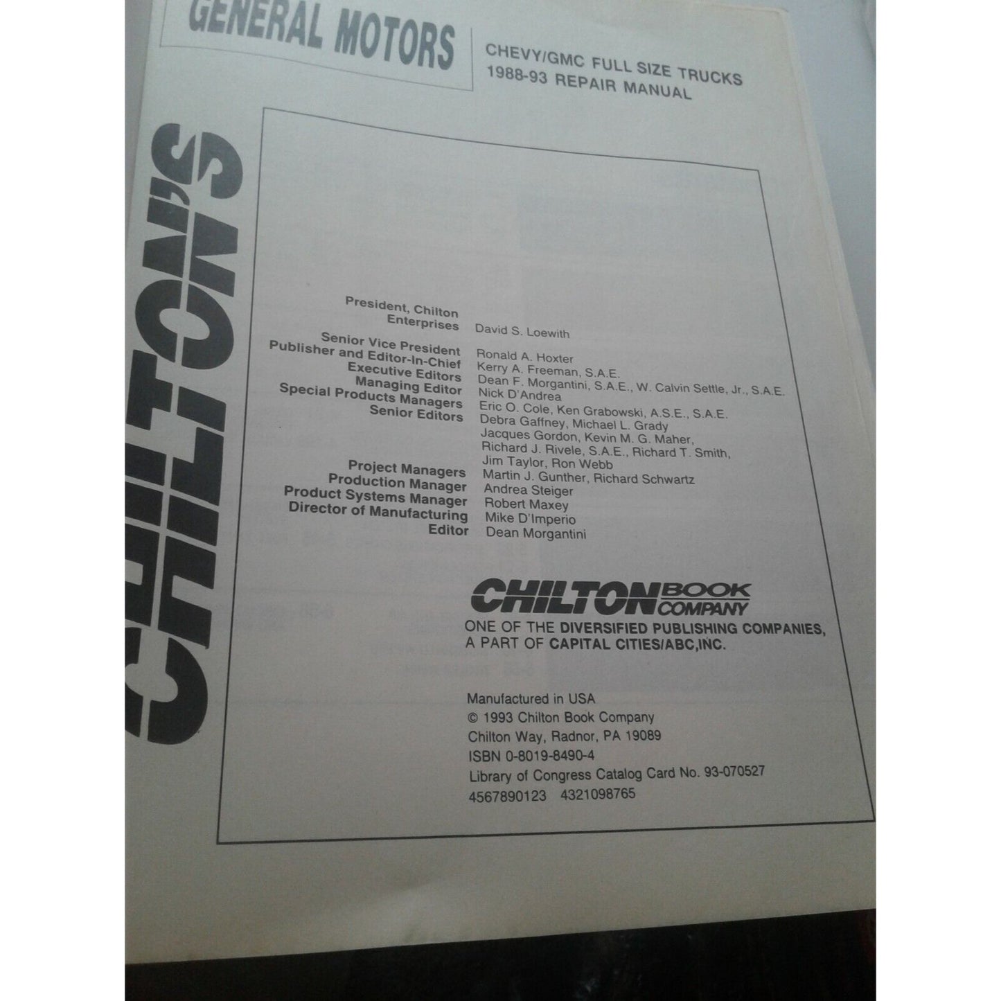 1988 - 93  Chilton's General ,Motors Chevy GMC Full Size Truck Repair Manual