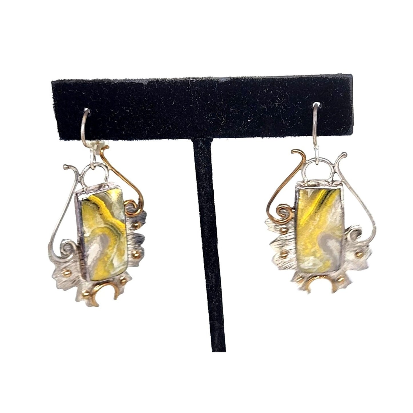 Earrings Bumble Bee Jasper 925 Silver 14K Gold 25mm x 10mm Silver Frame 40mm x 25mm Filigree Accents Top Hoop 20mm x 25