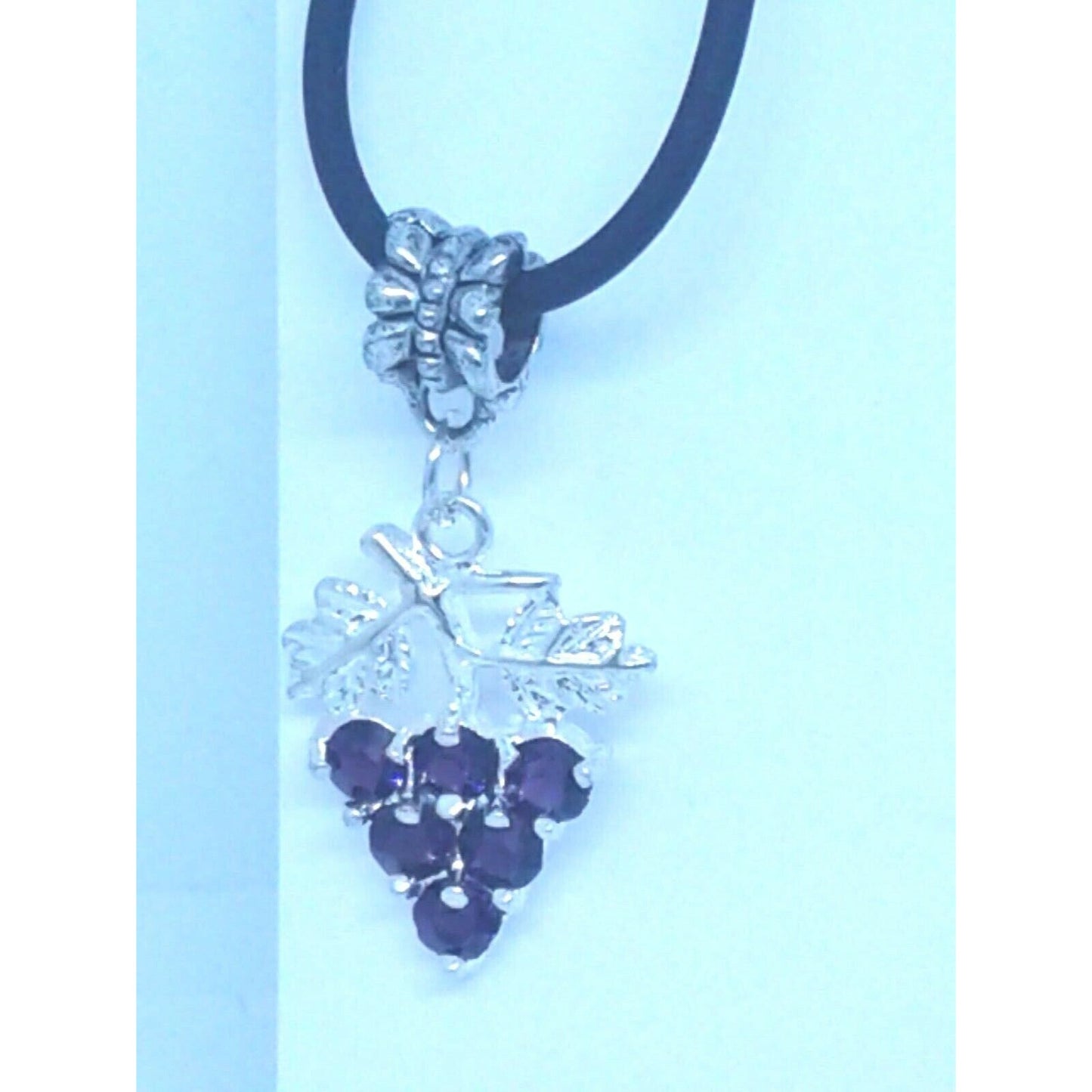 Necklace Purple Crystal Grape Cluster Leaves Vines 1" Long Chain Leather Cord