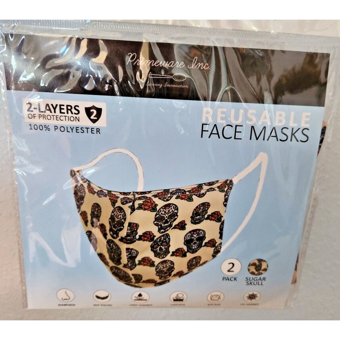 Primeware Mask Skull Roses Design Adult 2 pack 2 layers 100 % Polyester Washable