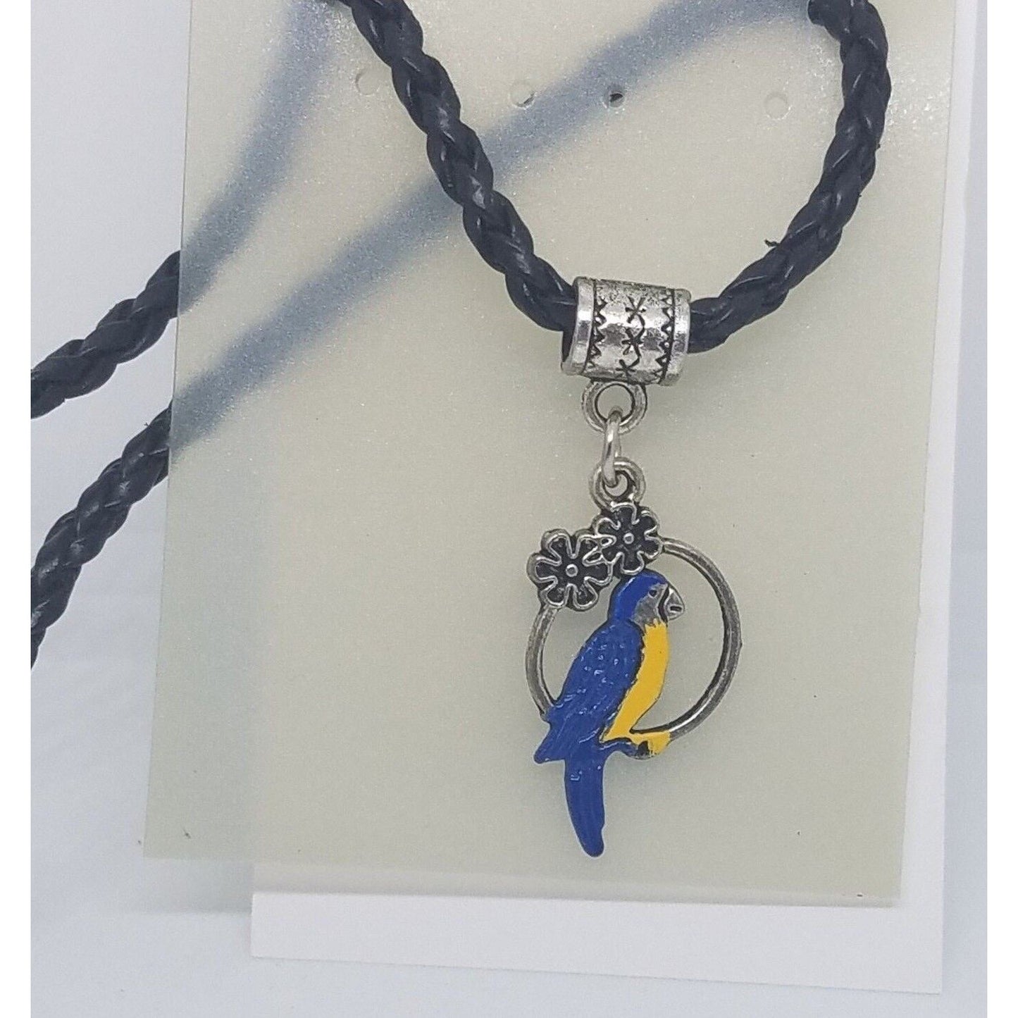 Necklace 1" Painted Blue Parrot in Hoop Flowers Charm Twisted Leather Cord