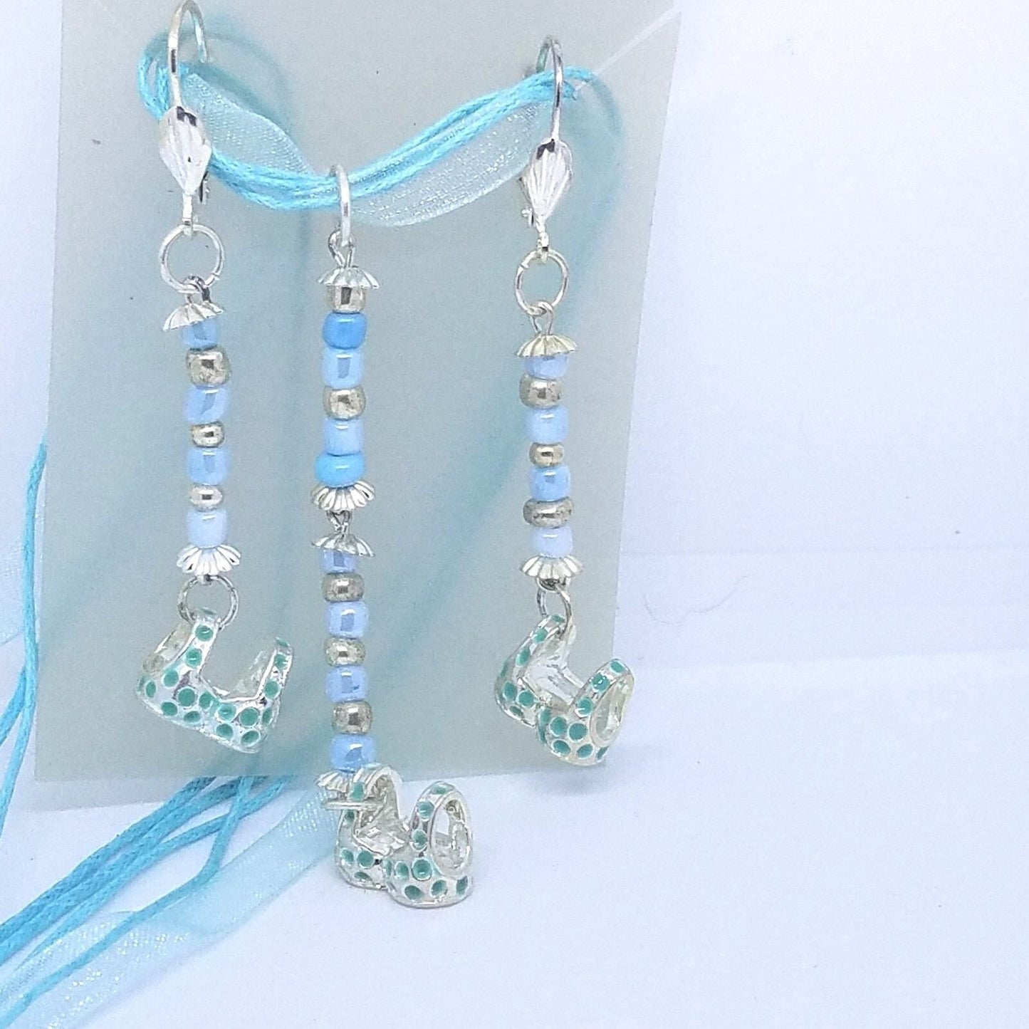 Necklace Earring Blue Bra Top 1/2 " Charm Silver Blue Bead Blue Ribbon Cord