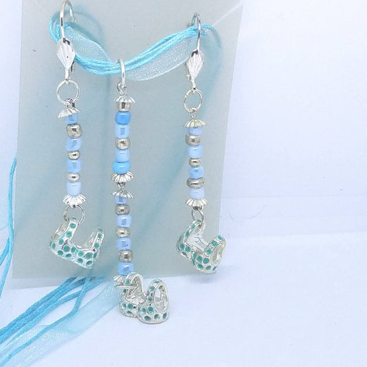 Necklace Earring Blue Bra Top 1/2 " Charm Silver Blue Bead Blue Ribbon Cord